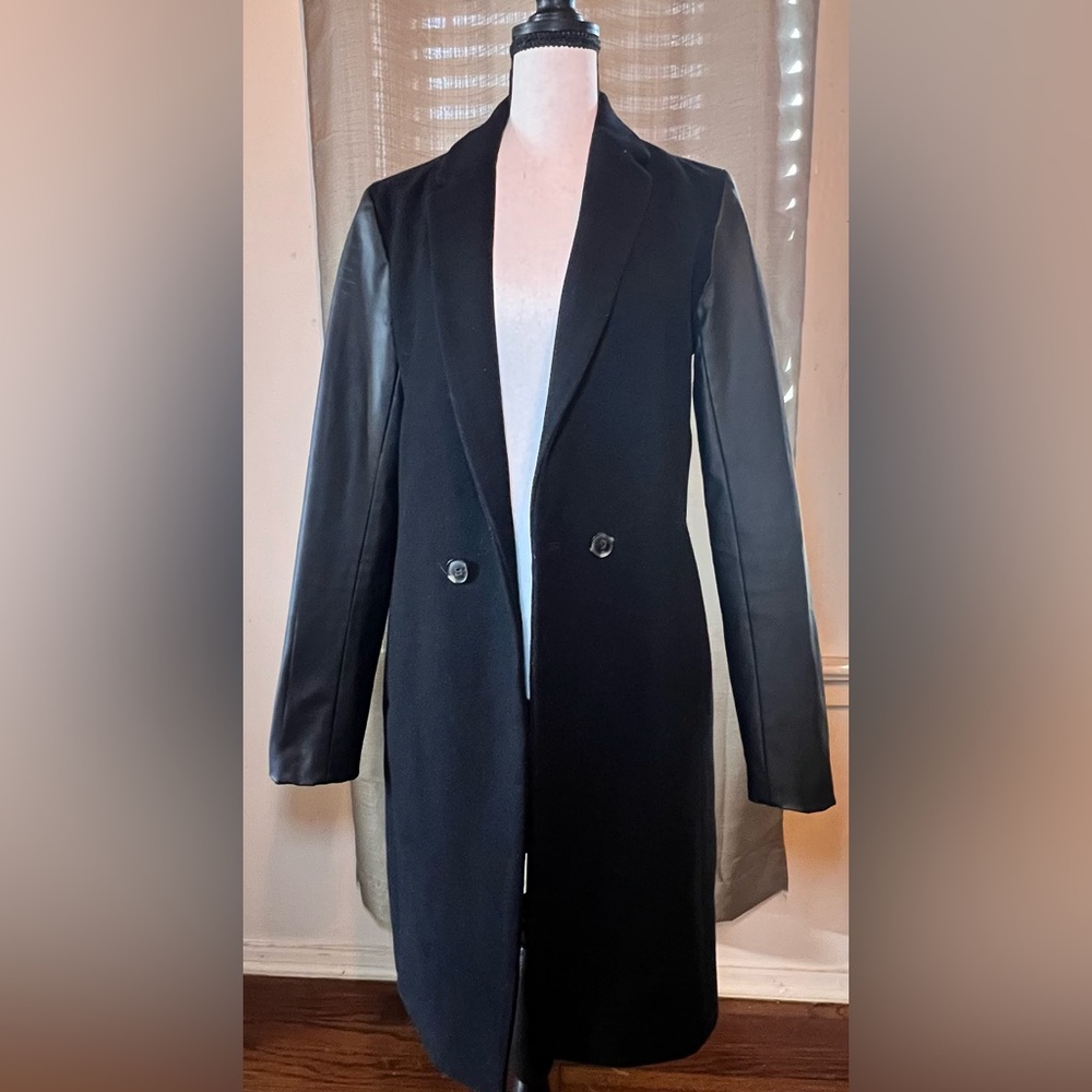 Aqua Black Long Blazer with Leather Sleeves